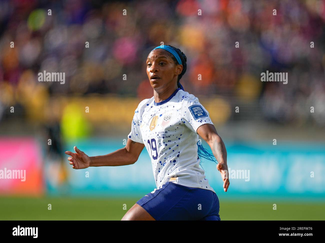 Sky Stadium, Wellington, Nouvelle-Zélande. 27 juillet 2023. Crystal Dunn (États-Unis) regarde lors d'un match du Groupe E - coupe du monde féminine de la FIFA, Australie et Nouvelle-Zélande 2023, États-Unis vs pays-Bas, au Sky Stadium, Wellington, Nouvelle-Zélande. Kim Price/CSM/Alamy Live News Banque D'Images