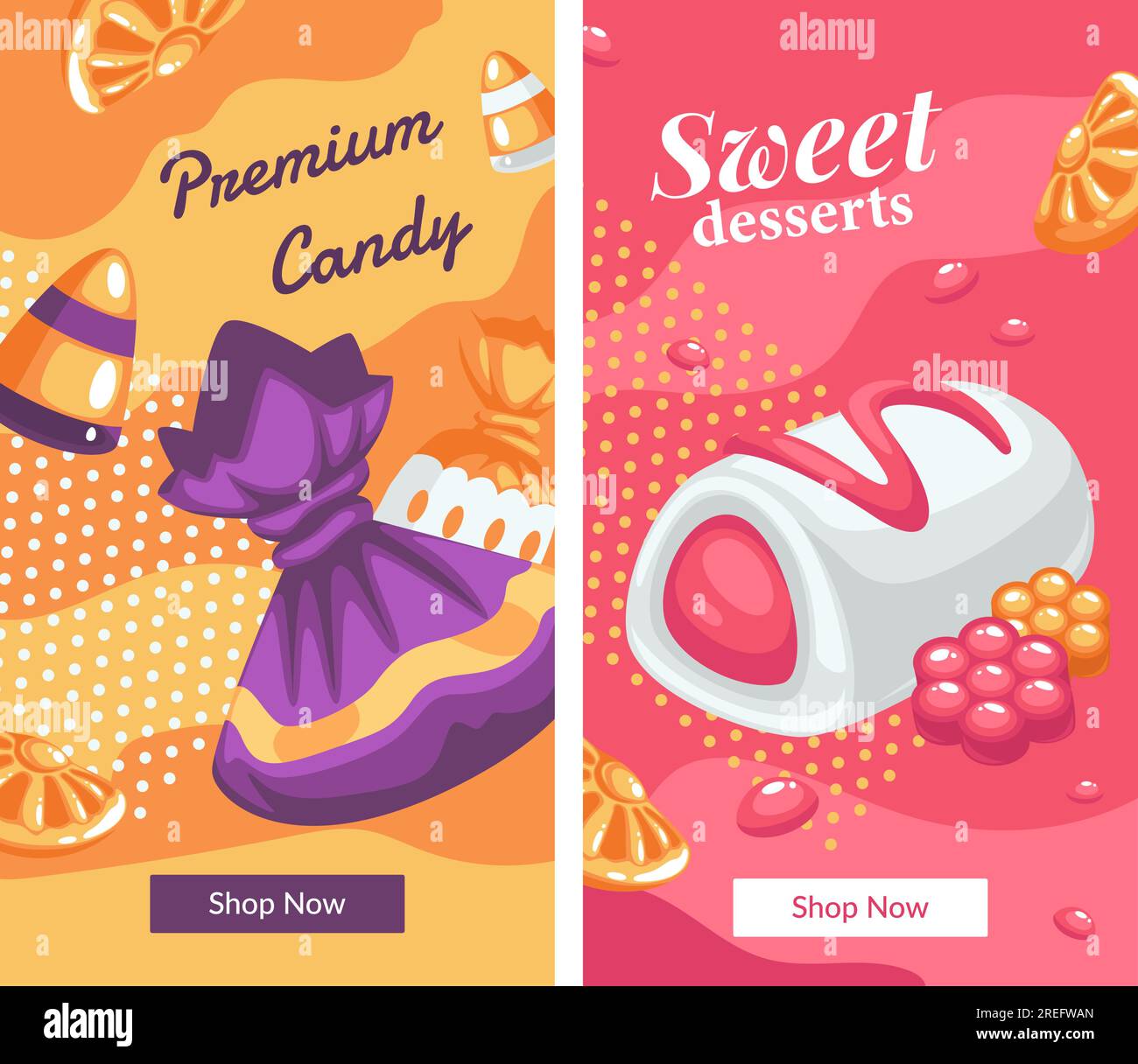 Boutique en ligne avec assortiment de bonbons, bonbons et desserts au chocolat. Délicieux en-cas et biscuits, petits pains garnis de confiture. Bannière promotionnelle, advertisem Illustration de Vecteur