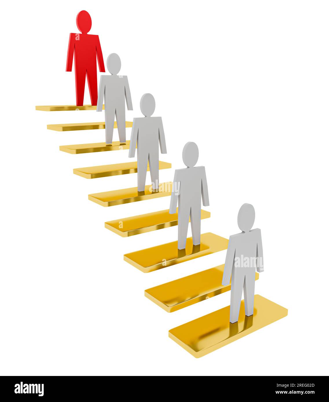 les gens 3d se tiennent sur les escaliers. Sur la marche supérieure se trouve un homme rouge. Concepts commerciaux. Isolé sur blanc Banque D'Images