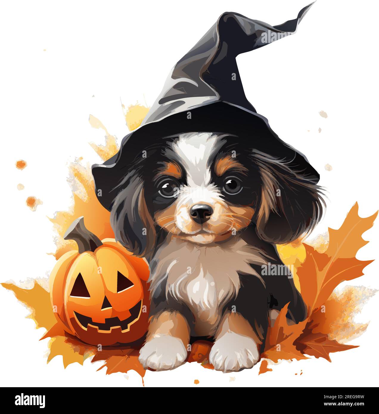 chien corgi noir avec illustration vectorielle de chapeau d'halloween. chien vecteur aquarelle avec citrouille sur fond blanc Illustration de Vecteur