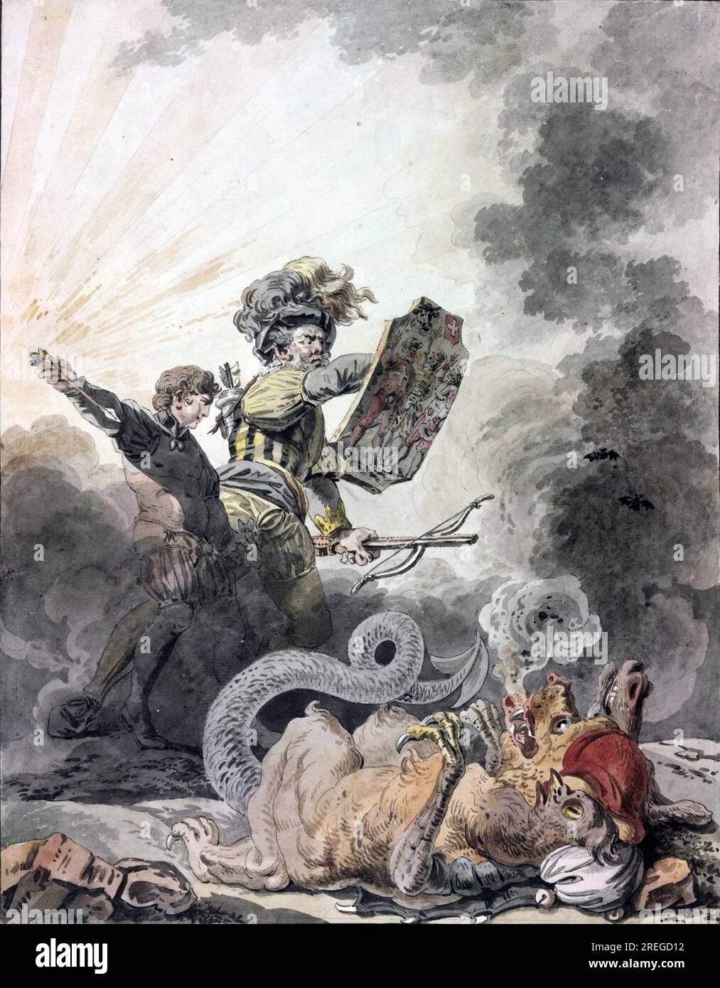 Un allégorique William Tell vainquant la chimère de la Révolution française (1798). Peinture de Dunker. Banque D'Images