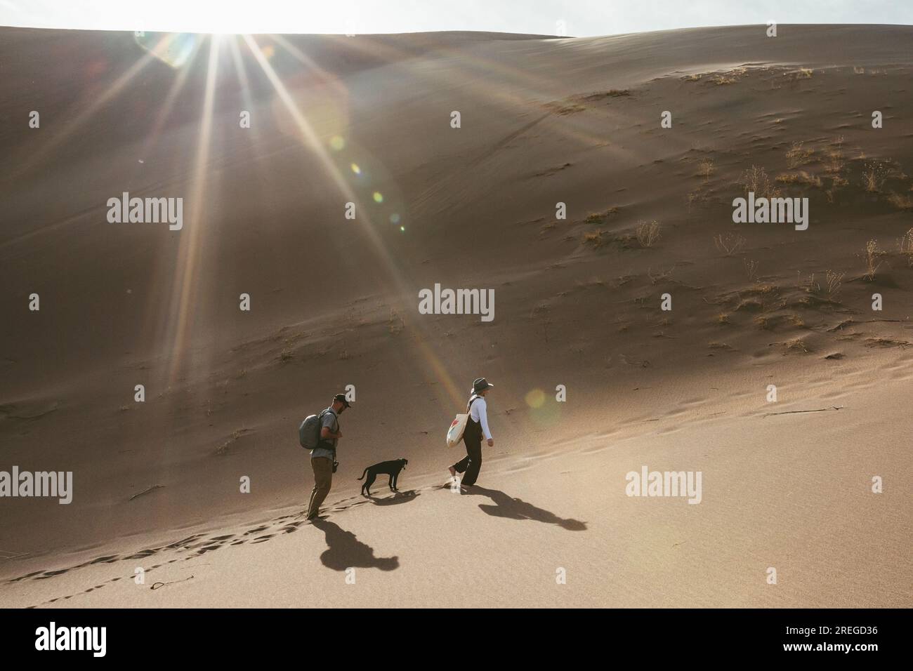 deux randonneurs et leur chien suivent des traces de pas dans les dunes de sable Banque D'Images