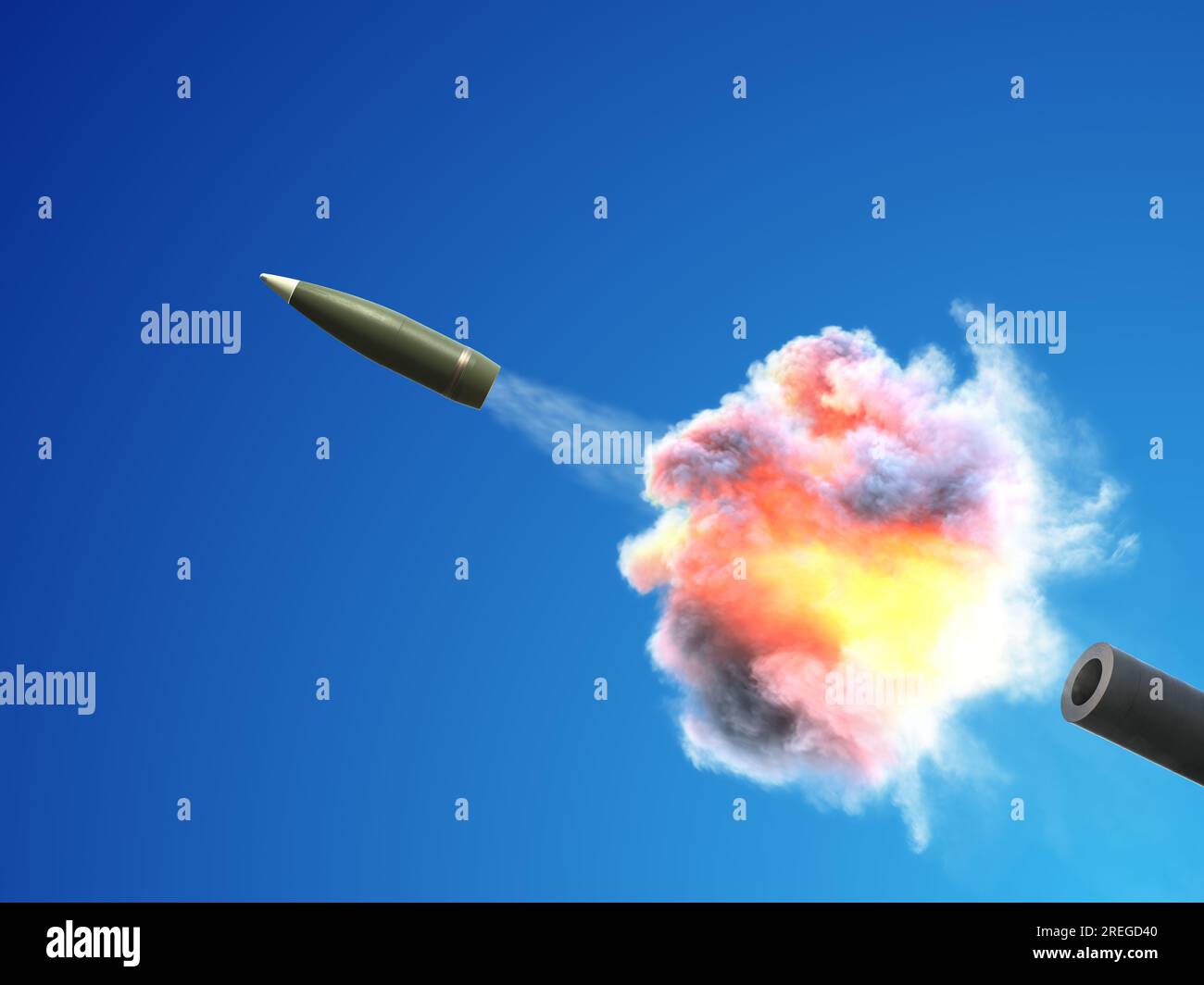 Vol d'un projectile lors d'un tir d'un canon. illustration 3d. Banque D'Images