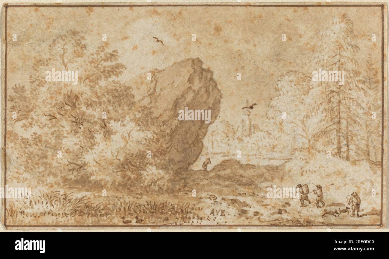 'Allart van Everdingen, Paysage avec grand rocher, 0, plume et encre brune avec lavage brun sur papier posé, total : 5 x 8,5 cm (1 15/16 x 3 3/8 po), Don de Mme Lessing J. Rosenwald, 1987.20.4' Banque D'Images