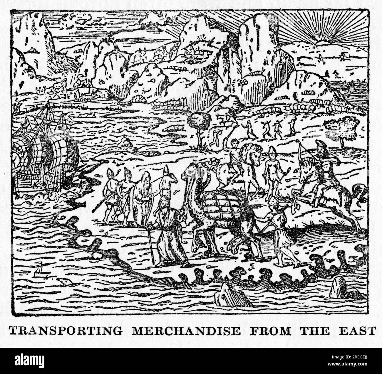 gravure sur bois de marchands transportant des marchandises vers l'est au moyen âge Banque D'Images