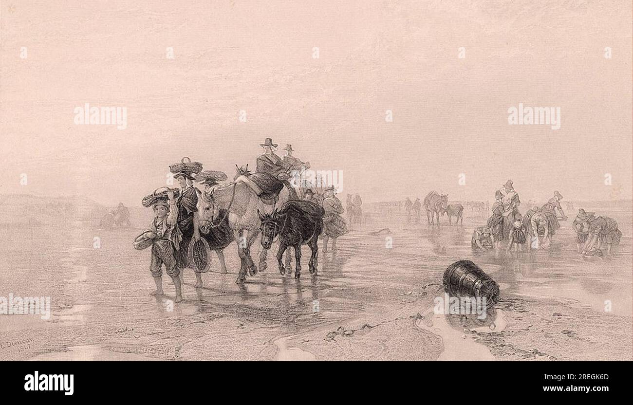 Cockle Gatherers on the Llanrhidian Sands, South Wales-Early Morning 1849 par John le Conte Banque D'Images