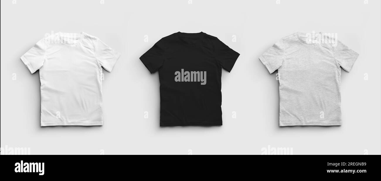 Maquette blanc, noir, t-shirts chiné, présentation de vêtements pour la conception, modèle, commerce, vue de face. Un ensemble de chemises en coton pour enfants isolé o Banque D'Images