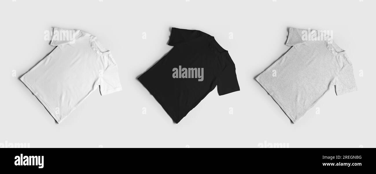 Maquette blanc, noir, t-shirts chinés, présentation diagonale, vêtements pour enfants, avant. Un ensemble de chemises en coton pour enfants isolé sur fond. Fashio Banque D'Images