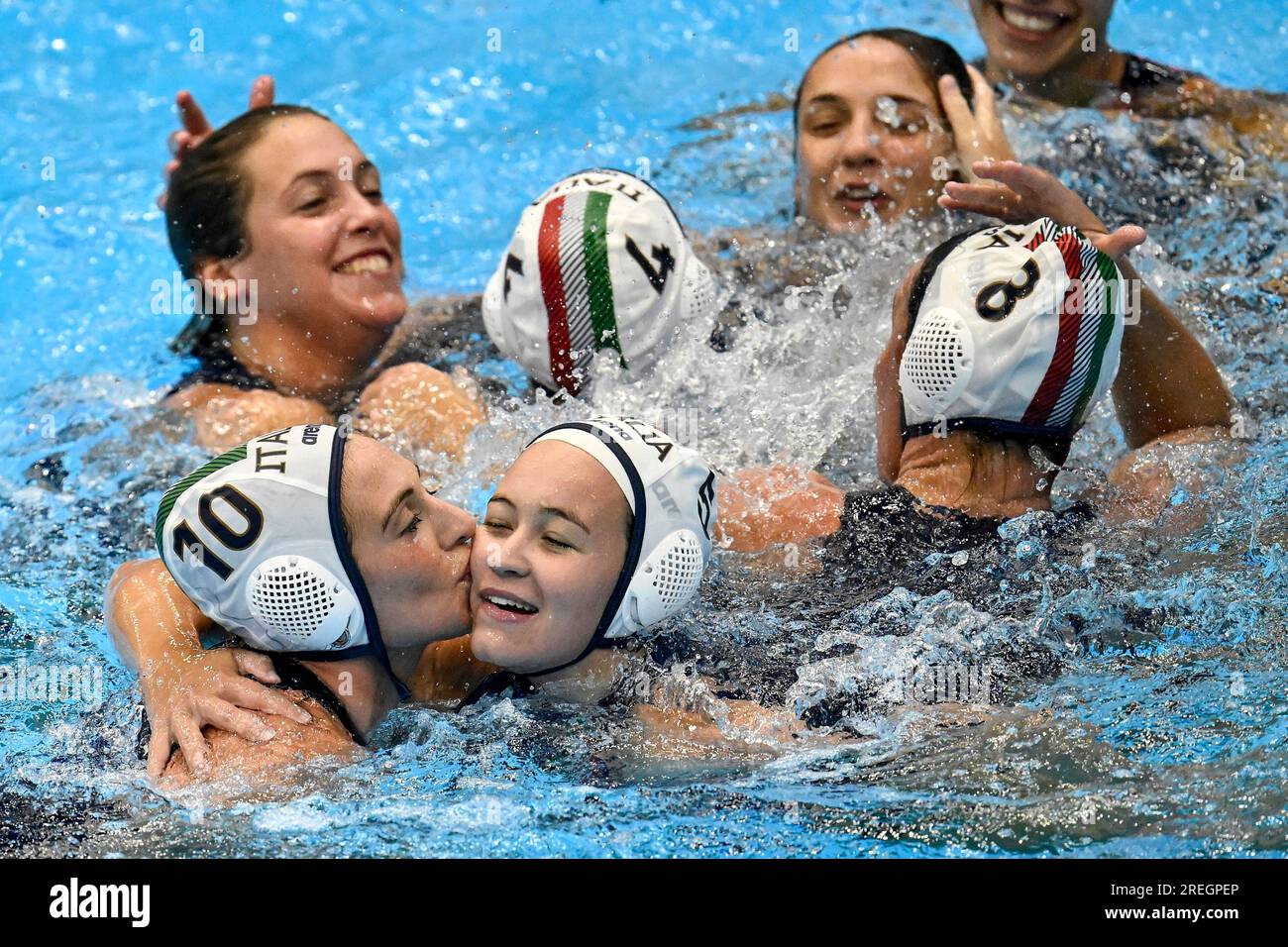 Fukuoka, Japon. 28 juillet 2023. Les joueurs italiens célèbrent après avoir remporté le Waterpolo 3e et 4e match final entre l'Italie et l'Australie lors des 20e Championnats du monde de natation au Marine Messe Hall B à Fukuoka (Japon), le 28 juillet 2023. Crédit : Insidefoto di andrea staccioli/Alamy Live News Banque D'Images