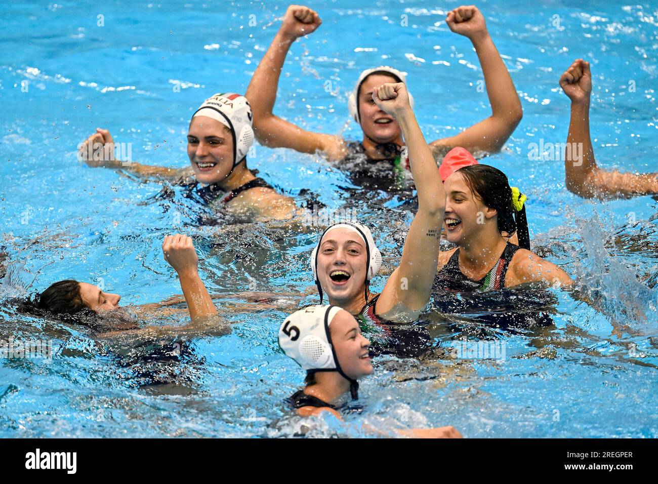 Fukuoka, Japon. 28 juillet 2023. Les joueurs italiens célèbrent après avoir remporté le Waterpolo 3e et 4e match final entre l'Italie et l'Australie lors des 20e Championnats du monde de natation au Marine Messe Hall B à Fukuoka (Japon), le 28 juillet 2023. Crédit : Insidefoto di andrea staccioli/Alamy Live News Banque D'Images
