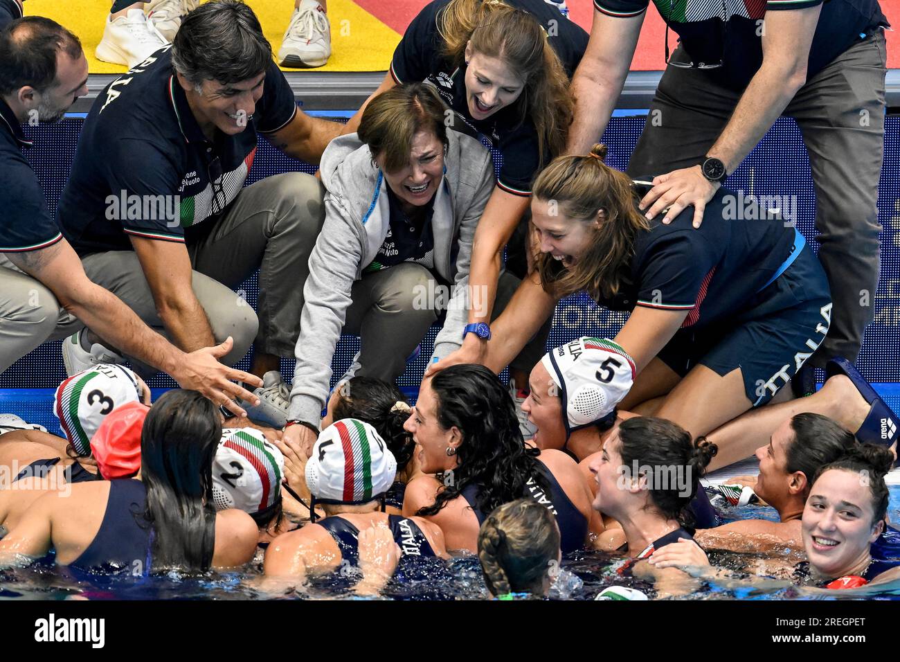 Fukuoka, Japon. 28 juillet 2023. Les joueurs italiens célèbrent après avoir remporté le Waterpolo 3e et 4e match final entre l'Italie et l'Australie lors des 20e Championnats du monde de natation au Marine Messe Hall B à Fukuoka (Japon), le 28 juillet 2023. Crédit : Insidefoto di andrea staccioli/Alamy Live News Banque D'Images
