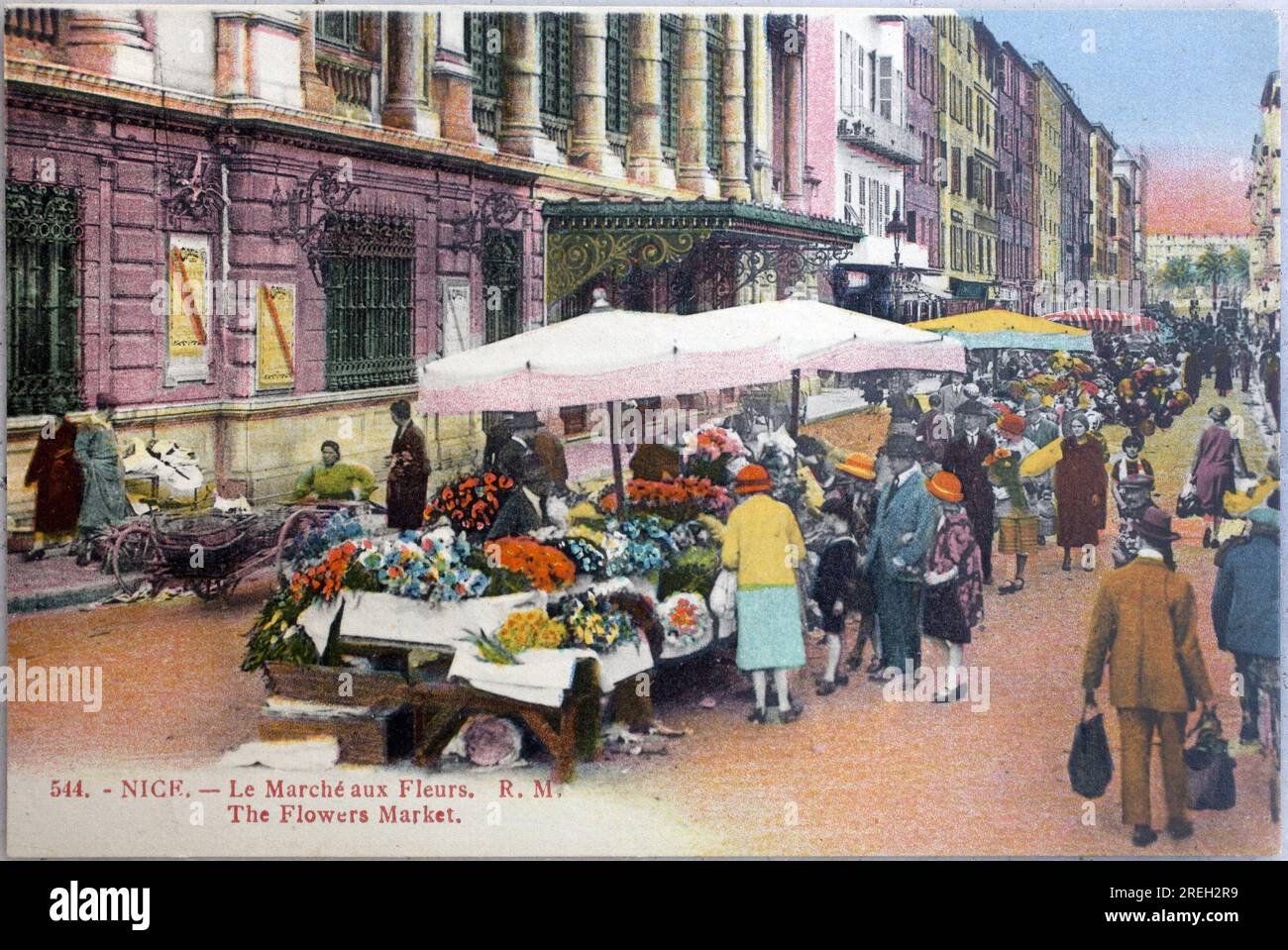 Nice, le marché aux fleurs. Carte postale ancienne photographie, colorizee debut 20e siecle. Banque D'Images