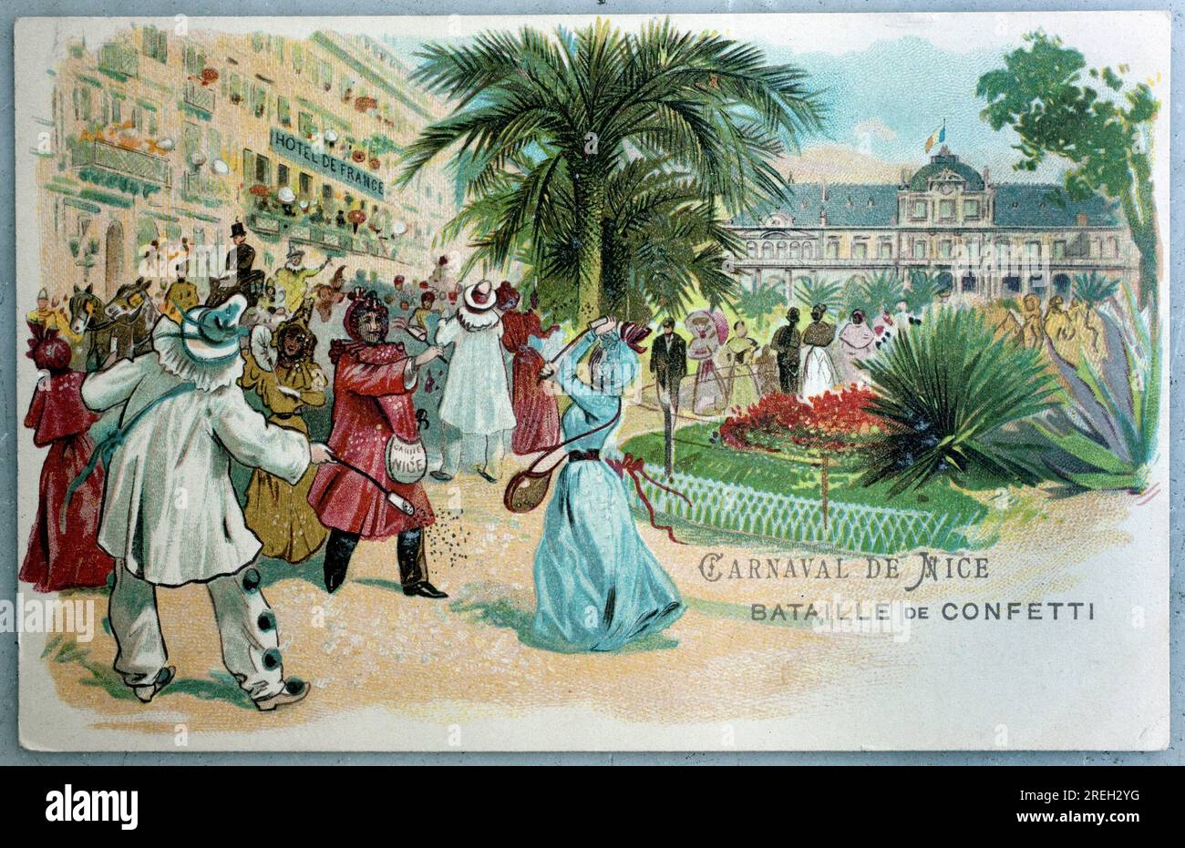 Carnaval de Nice, bataille de confettis. Carte postale ancienne, illustration debut 20e siecle. Banque D'Images