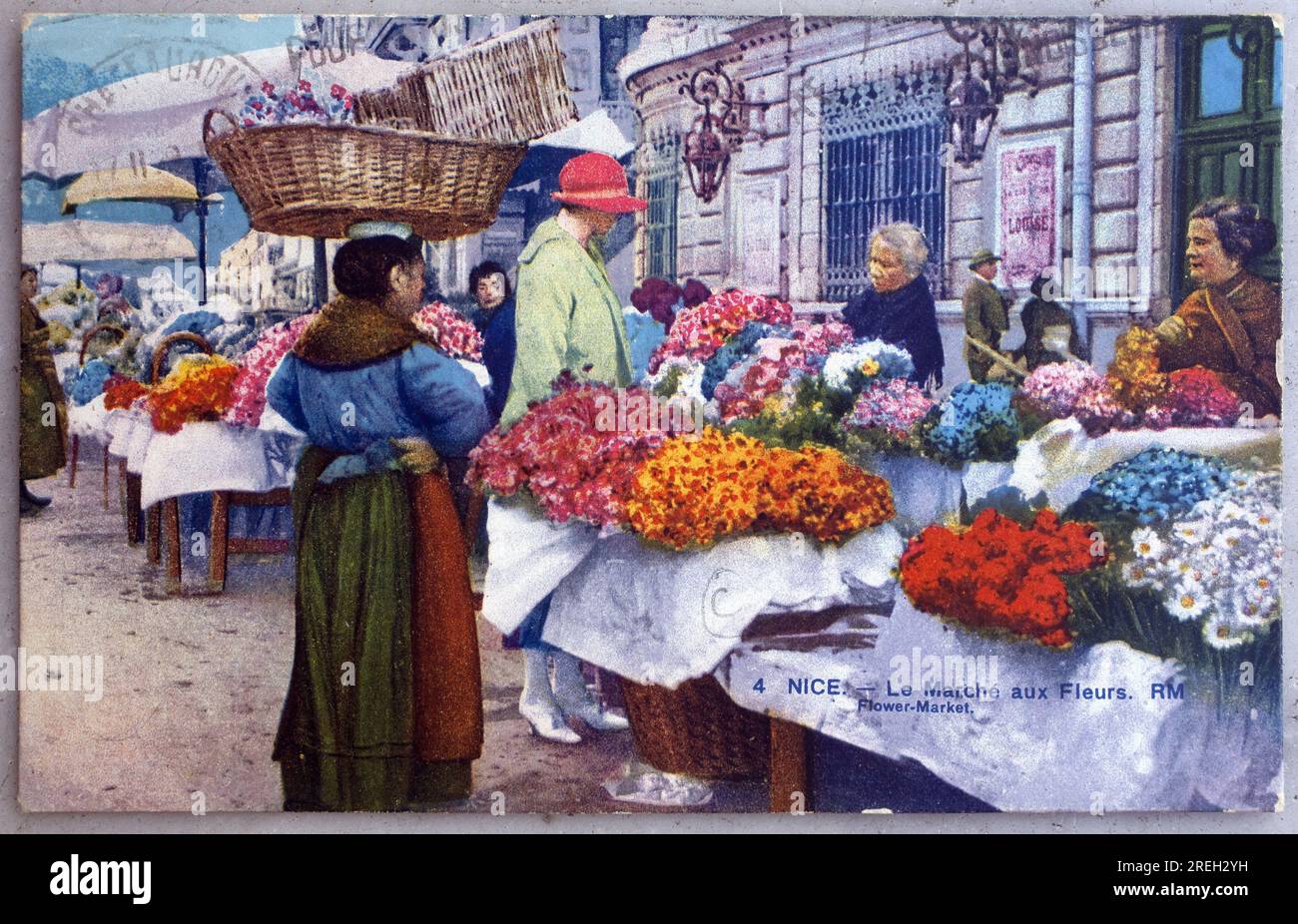 Nice, le marché aux fleurs. Carte postale ancienne photographie, colorizee debut 20e siecle. Banque D'Images