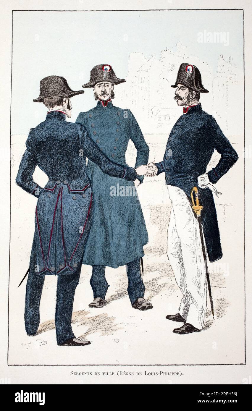 Sergents de ville, règne de Louis-Philippe Ier (Louis Philippe) d'Orléans (1773-1850). Eau forte en couleurs, pour illustrer 'Histoire du corps des gardiens de la paix' ouvrage public sous les auspices de Louis Lepine (1846-1933) préfet de police de la Seine, par Alfred Rey (1864-?) Et Louis Feron (1862-?), édition Firmin Didot et Cie, 1896, Paris. Banque D'Images