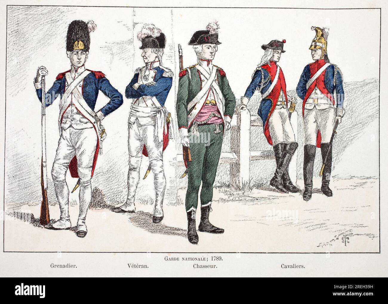 Garde nationale, en 1789, avec de gauche a droite : le grenadier, le vétéran, le chasseur et les cavaliers. Eau forte en couleurs, pour illustrer 'Histoire du corps des gardiens de la paix' ouvrage public sous les auspices de Louis Lepine (1846-1933) préfet de police de la Seine, par Alfred Rey (1864-?) Et Louis Feron (1862-?), édition Firmin Didot et Cie, 1896, Paris. Banque D'Images