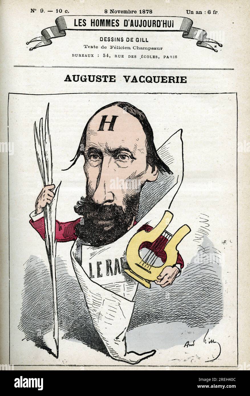 Portrait de Auguste Vacquerie (1819-1895), poete, dramaturge et journaliste français. Caricature de Gill, Paris. Banque D'Images