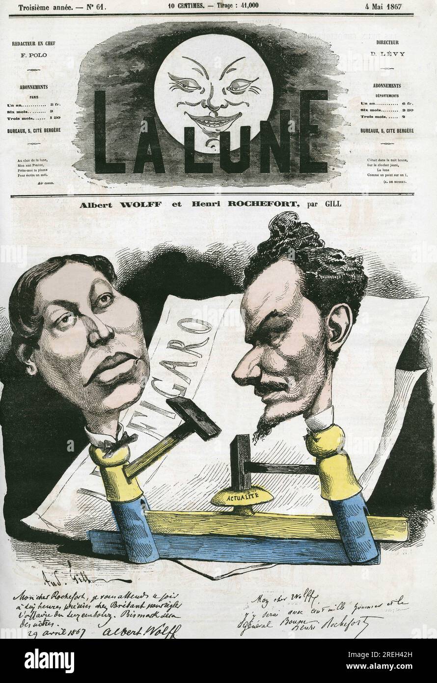 Portrait de Albert Wolff et Henri Rochefort (1831-1913) journaliste et homme politique français. Caricature par Gill, dans 'la Lune', le 4 mai 1867. Banque D'Images