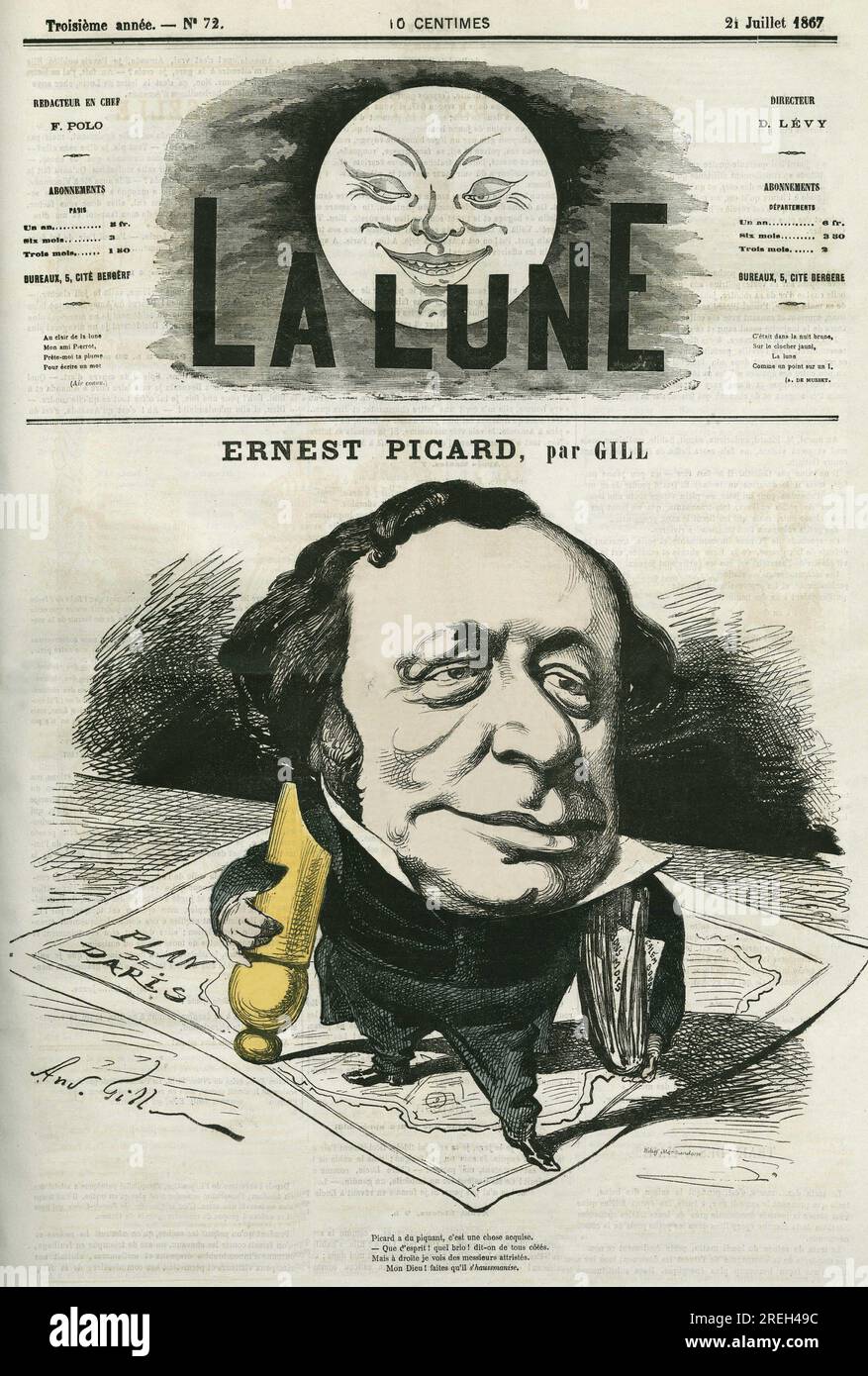 Portrait d'Ernest Picard (1821-1877), journaliste et avocat français. Caricature par Gill, dans 'la Lune', le 21 juillet 1867. Banque D'Images