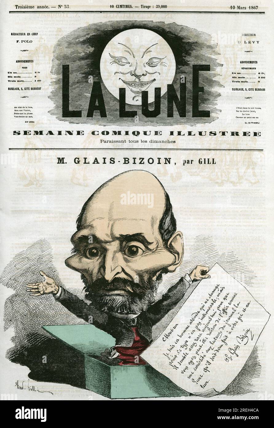 Portrait de Alexandre glais-Bizoin (1800-1877), homme politique francais et fondateur du journal 'la Tribune'. Caricature par Gill, dans 'la Lune', le 10 mars 1867. Banque D'Images