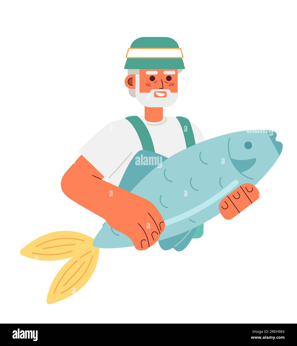 Vieux pêcheur tenant grand poisson semi plat caractère vectoriel de couleur Illustration de Vecteur