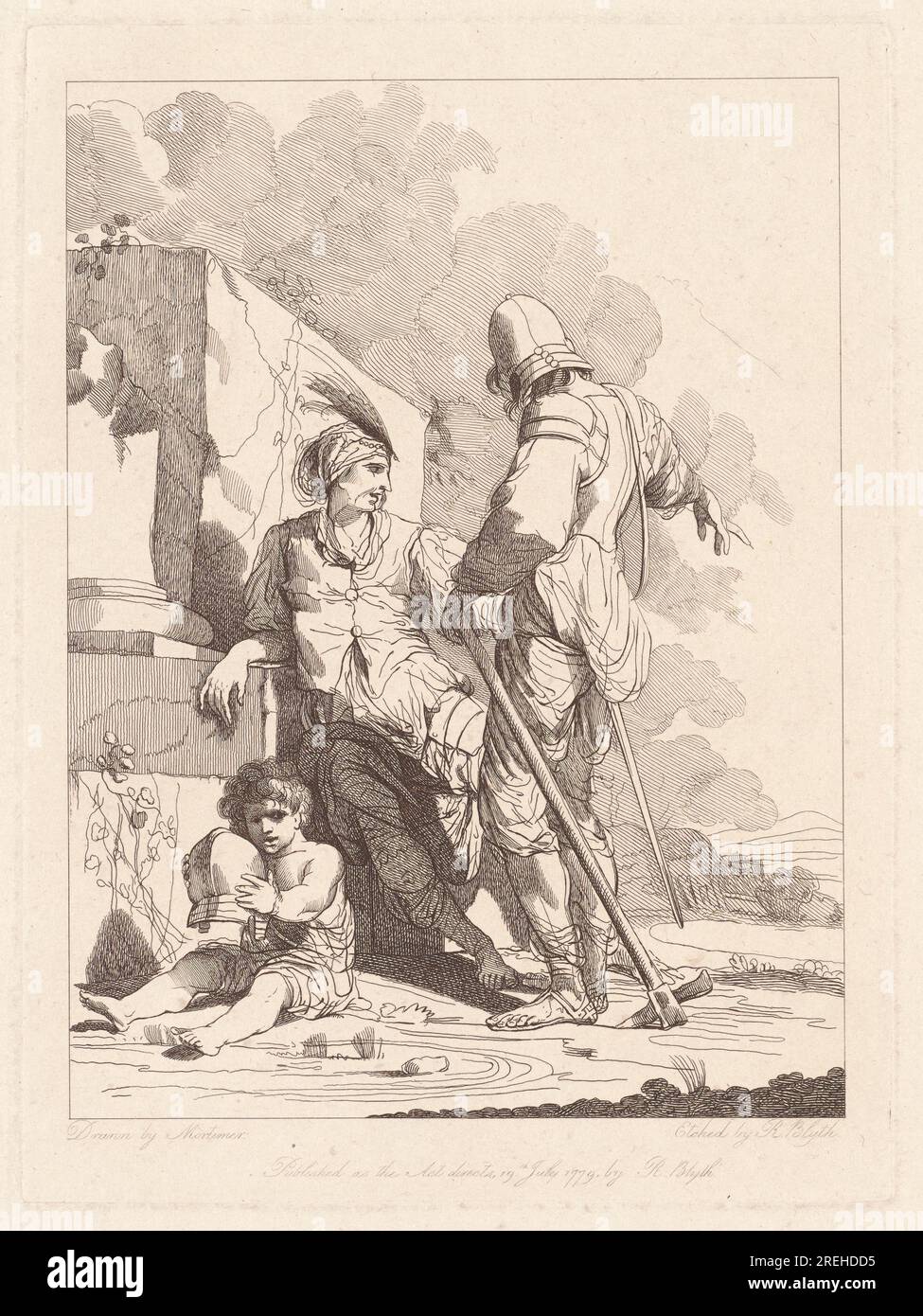 Robert Blyth, d'après John Hamilton Mortimer, deux soldats et enfant tenant un casque, 1779, gravure sur papier posé, planche : 23,2 × 17,1 cm (9 1/8 × 6 3/4 po.) Feuille : 43,8 × 29,4 cm (17 1/4 × 11 9/16 po), Don de Thomas Vogler à la mémoire de son frère Donald J. Vogler, 2017.53.92' Banque D'Images