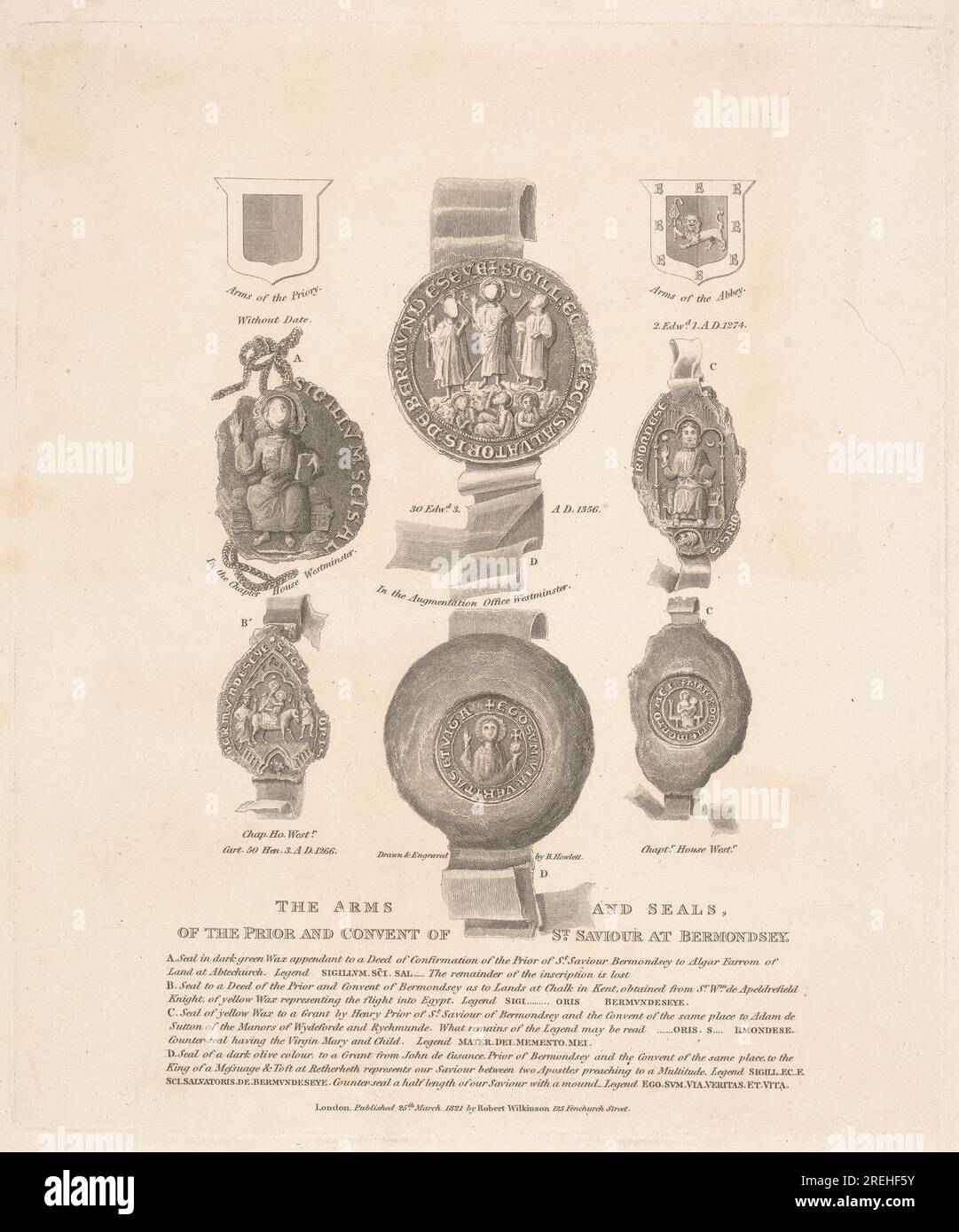 Les armoiries et les sceaux du Prieuré et du couvent de St. Sauveur à Bermondsey 1821 par Bartholomew Howlett Banque D'Images