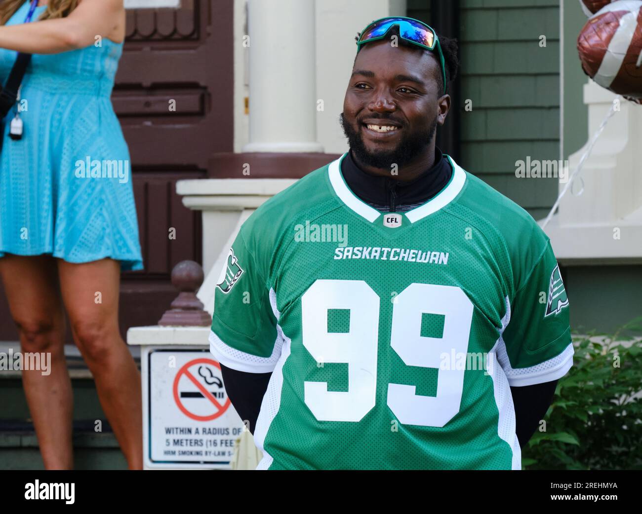 Halifax, Canada. 28 juillet 2023. Le lineman défensif Charbel Dabire des Roughriders de la Saskatchewan de la LCF qui comparaîtra avant le match de demain Banque D'Images