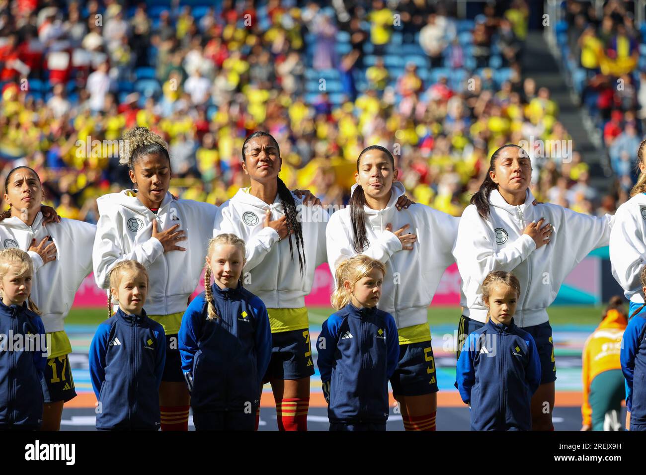 Sydney, Australie. 25 juillet 2023. L'équipe colombienne de football chante l'hymne lors de la coupe du monde féminine de la FIFA 2023 Australie/Nouvelle-Zélande entre la Colombie et la Corée à l'Aussie Stadium. Score final : Colombie 2 - Corée du Sud 0. Crédit : SOPA Images Limited/Alamy Live News Banque D'Images