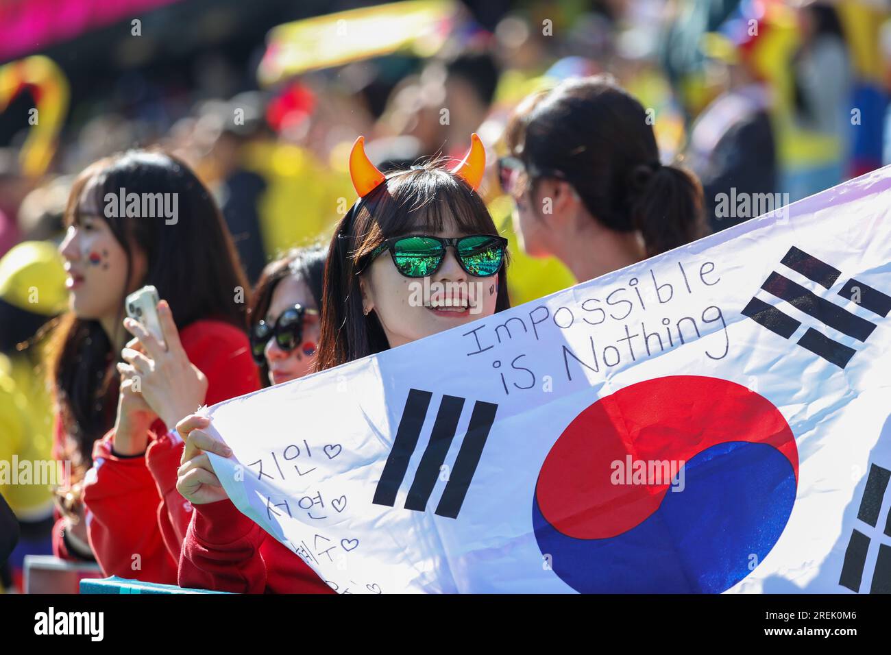 Sydney, Australie. 25 juillet 2023. Les supporters de la Corée ont été vus lors de la coupe du monde féminine de la FIFA 2023 Australie/Nouvelle-Zélande entre la Colombie et la Corée à l'Aussie Stadium. Score final : Colombie 2 - Corée du Sud 0. (Photo de Patricia Pérez Ferraro/SOPA Images/Sipa USA) crédit : SIPA USA/Alamy Live News Banque D'Images