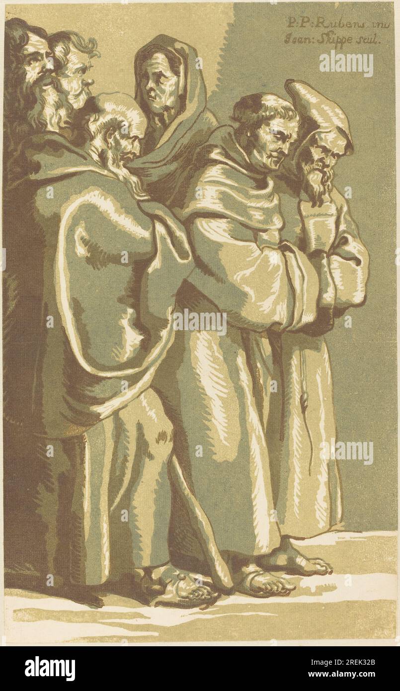 John Skippe d'après Sir Peter Paul Rubens, Un groupe de moines et une femme, années 1780, gravure sur bois en chiaroscuro imprimée à partir de 4 blocs en vert, olive, gris-brun et brun sur papier couché ; couché sur la page de l'album, feuille : 37,4 x 23,1 cm (14 3/4 x 9 1/8 po.) Support : 48,6 x 34,5 cm (19 1/8 x 13 9/16 po), fonds Ailsa Mellon Bruce, 1996,9,6' Banque D'Images