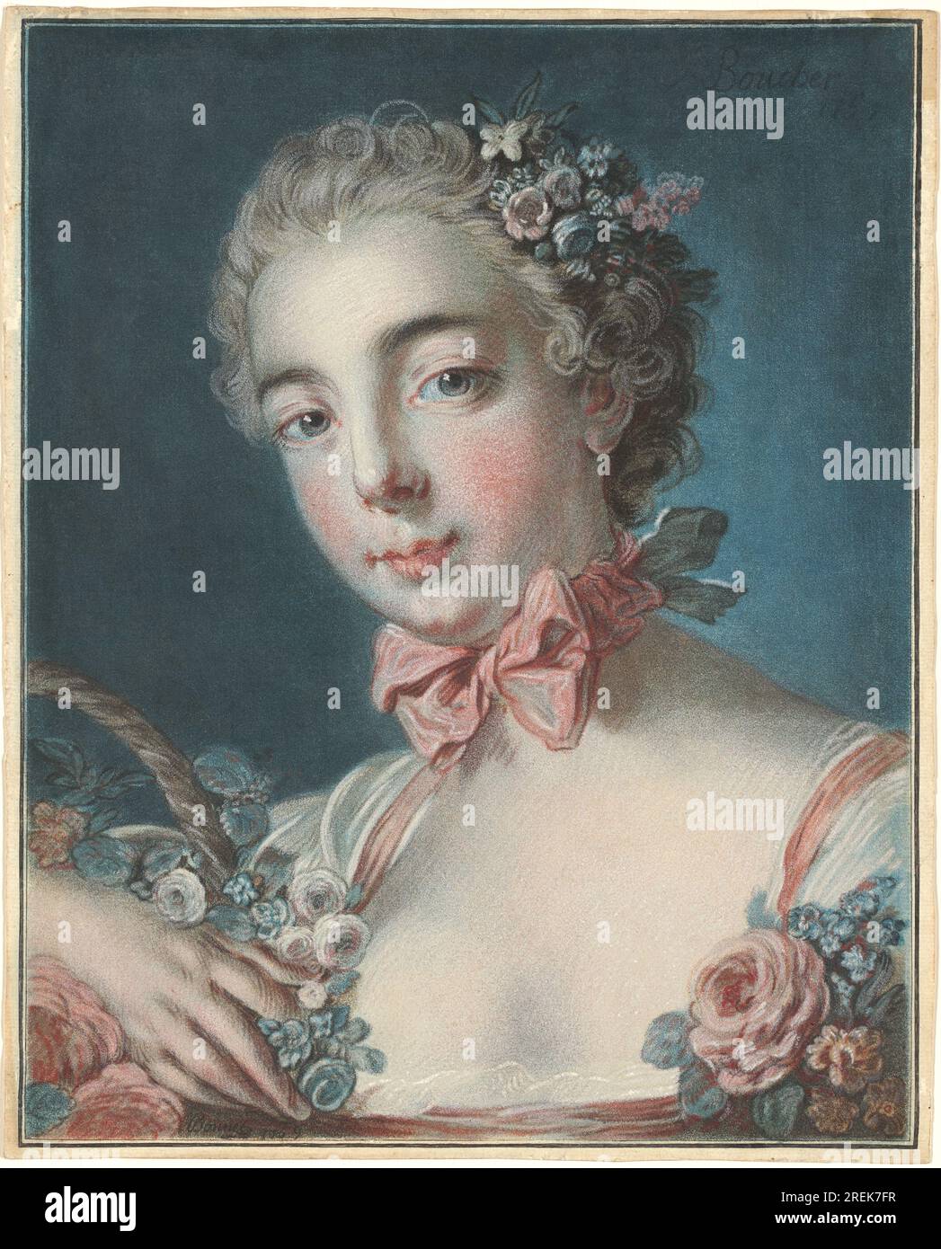 « Louis-Marin Bonnet d'après François Boucher, Tête de flore (tête de flore), 1769, imprimé pastel en rouge, vert, jaune, bleu-vert, bleu clair, bleu vif, noir, brun, blanc, et encres roses, feuille : 41,8 x 33,6 cm (16 7/16 x 13 1/4 po.) Total (2e ligne d'encadrement) : 40,9 x 32,7 cm (16 1/8 x 12 7/8 po), Collection Rosenwald, 1946.21.48' Banque D'Images