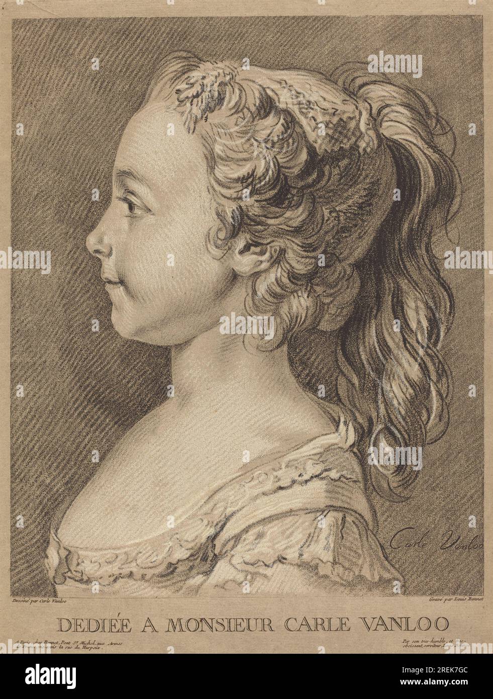 Louis-Marin Bonnet d'après Carle Van Loo, Marie-Rosalie Vanloo, c. 1764, imprimé à la craie à l'encre noire et blanche sur papier gris-brun, total : 40 x 30,2 cm (15 3/4 x 11 7/8 in.) Image : 35,5 x 28,9 cm (14 x 11 3/8 po), Fonds Ailsa Mellon Bruce, 1996,15,1' Banque D'Images