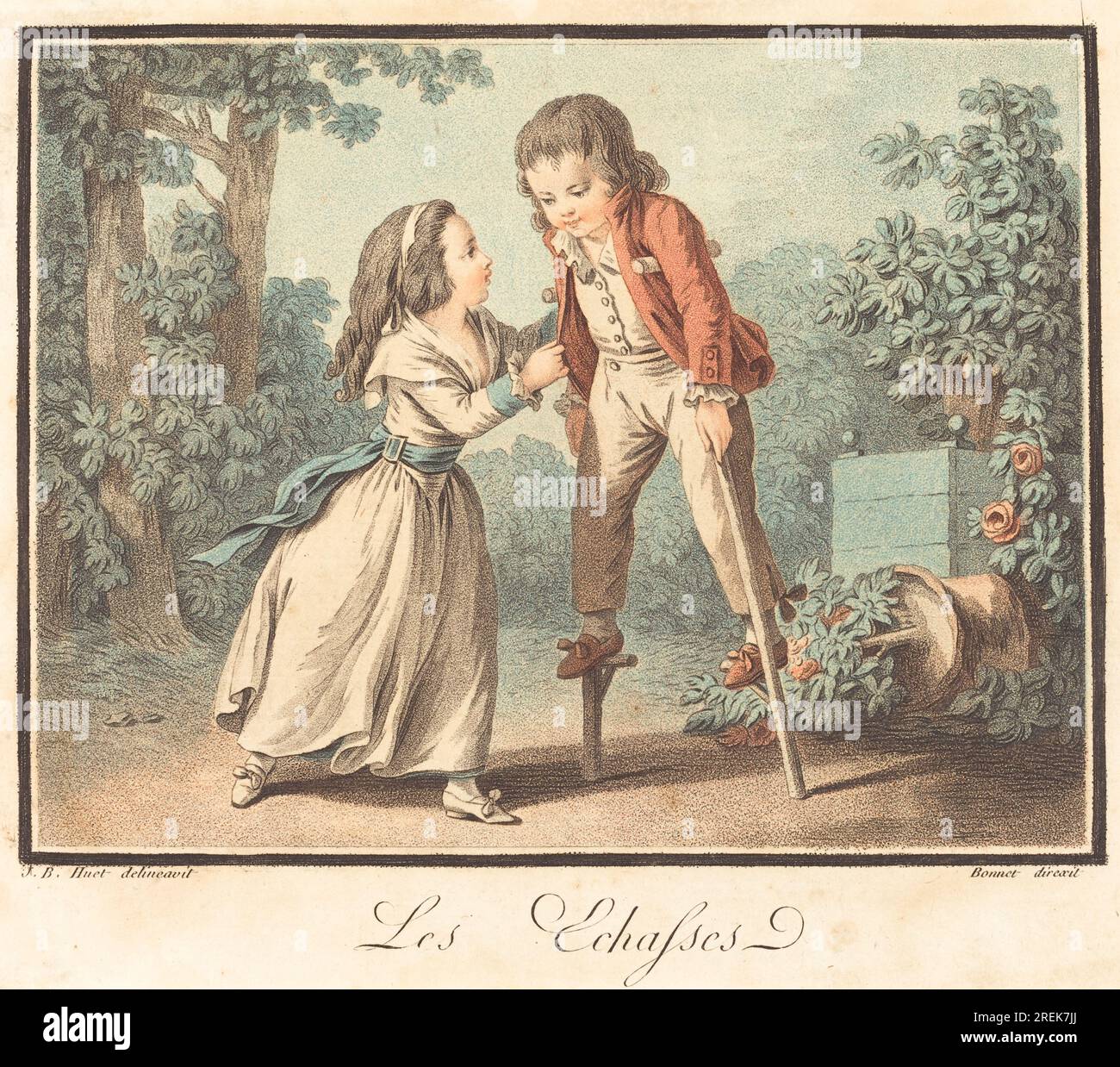 'Louis-Marin Bonnet d'après Jean-Baptiste Hüet, I, les échasses, c. 1790, gravure en pointillé couleur sur papier posé, feuille : 16,9 x 19,4 cm (6 5/8 x 7 5/8 po), Don de A. Thompson Ellwanger III, 2000.175.1' Banque D'Images