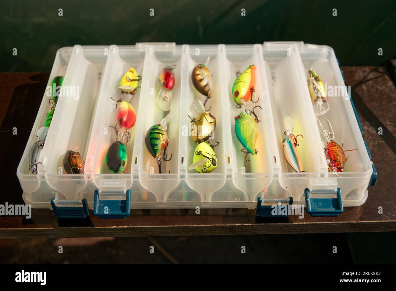 Boîte de palan avec différents leurres de pêche en plastique Banque D'Images