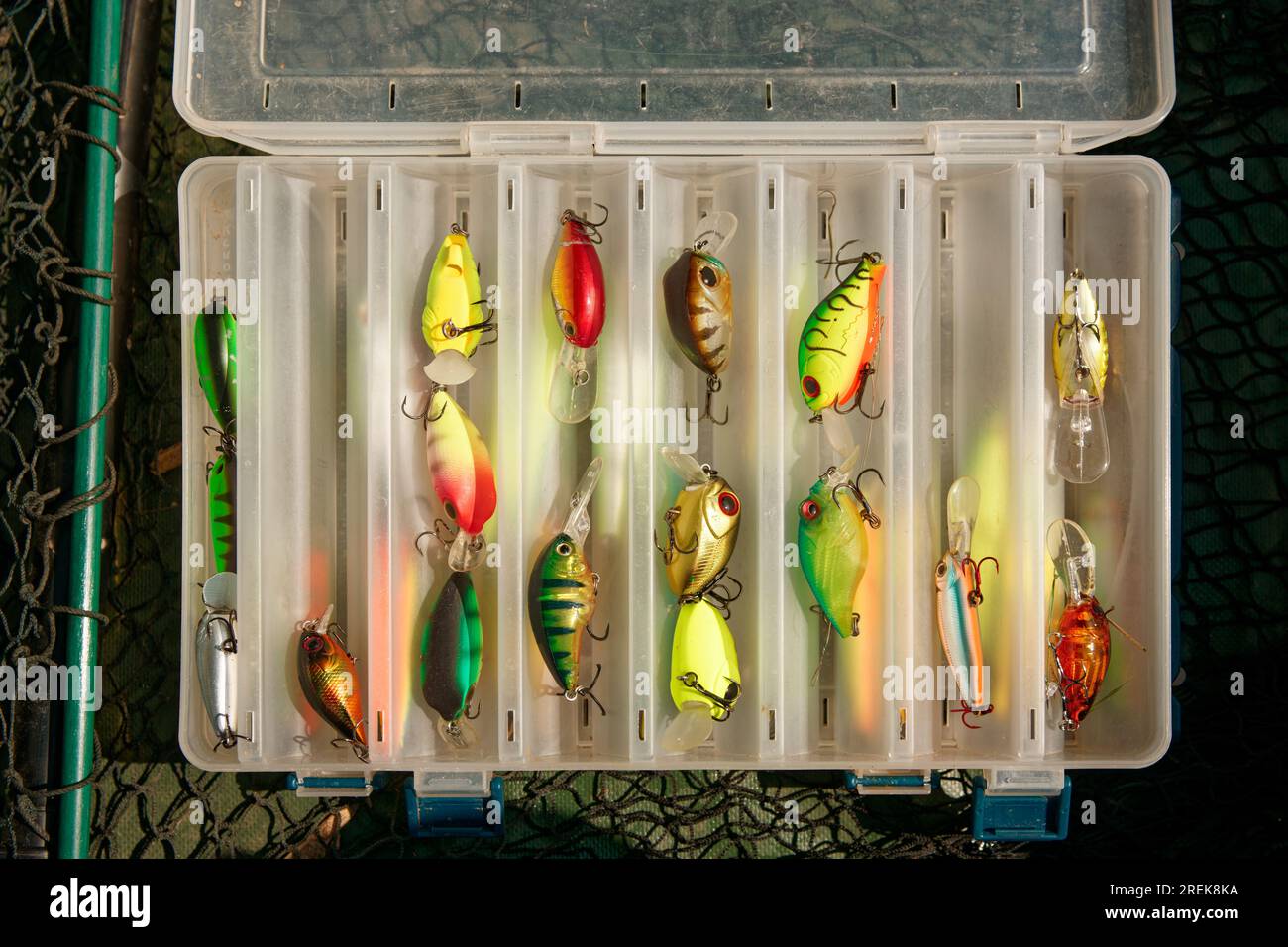 Boîte de pêche avec différents leurres en plastique tirés d'en haut Banque D'Images