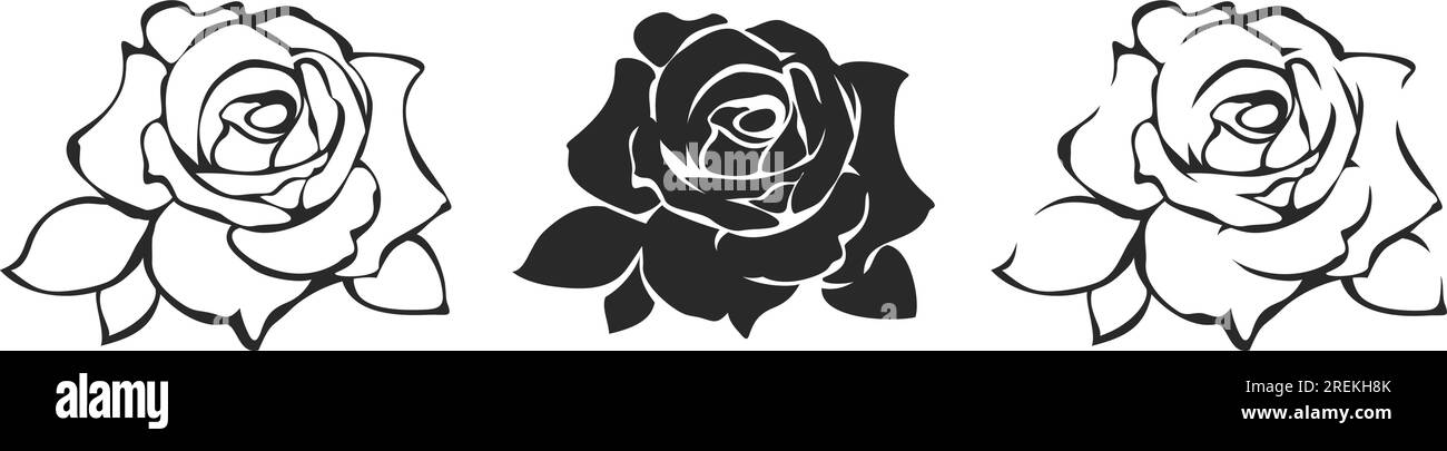 Fleurs roses isolées sur un fond blanc. Motif tatouage roses. Ensemble d'illustrations vectorielles en noir et blanc Illustration de Vecteur