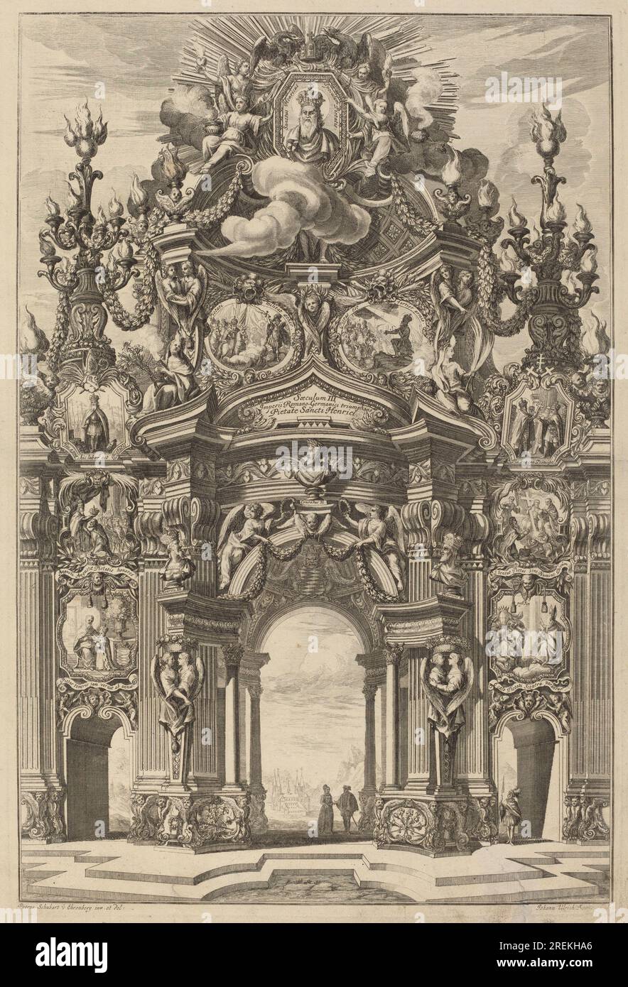 Johann Ulrich Kraus, d'après Peter Schubert von Ehrenberg, Arc de Triomphe pour Henri II, 1725, gravure et gravure sur papier posé, planche : 36,1 x 24,2 cm (14 3/16 x 9 1/2 po.) Feuille : 39,8 x 30,1 cm (15 11/16 x 11 7/8 po), Don de la succession de Leo Steinberg, 2011.139.107' Banque D'Images