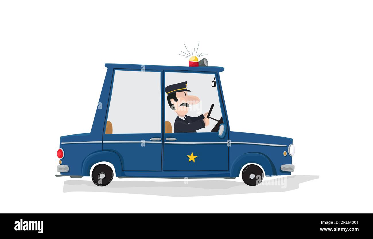 Big Nose cop dans sa voiture de police de fantaisie avec des lumières et sirène sur chasse les méchants sur un fond blanc.Vector enfant comme illustration de dessin Banque D'Images