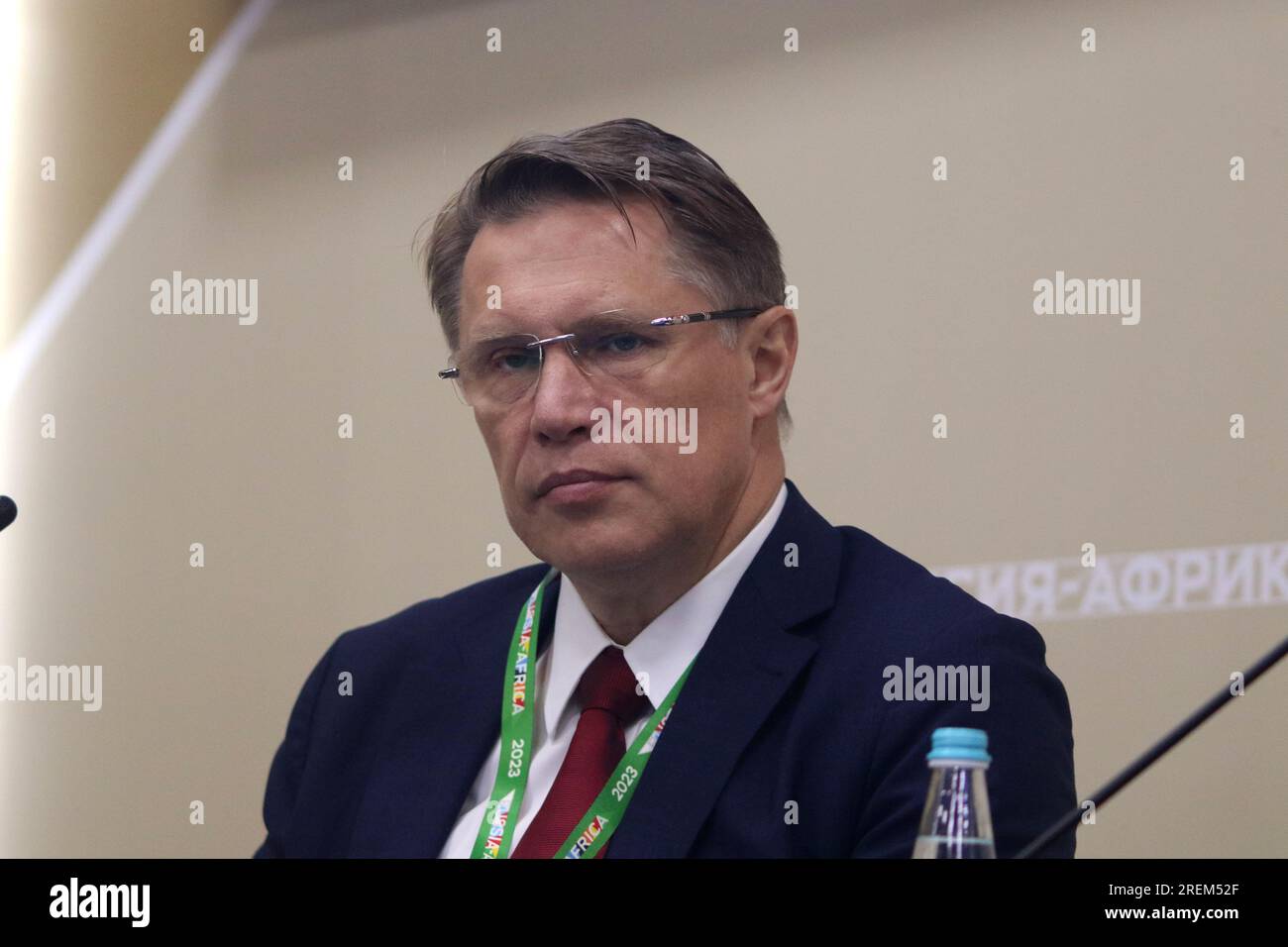 Saint-Pétersbourg, Russie. 28 juillet 2023. Mikhail Murashko, ministre de la Santé de la Fédération de Russie, participe à une session sur la coopération efficace dans le domaine de la santé : médicaments, innovation, technologie dans le cadre du deuxième Sommet Russie-Afrique Forum économique et humanitaire 2023 à Saint-Pétersbourg. (Photo Maksim Konstantinov/SOPA Images/Sipa USA) crédit : SIPA USA/Alamy Live News Banque D'Images