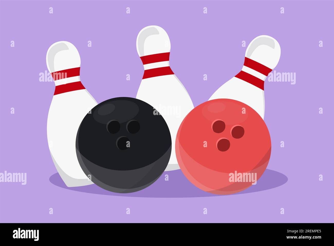 Boule de bowling et épingles dessinantes de style plat de dessin animé. Equipement de jeu de bowling. Goupilles d'écrasement de bille. Quilles de bowling alignées sur Lane. Faire du sport passe-temps a Banque D'Images