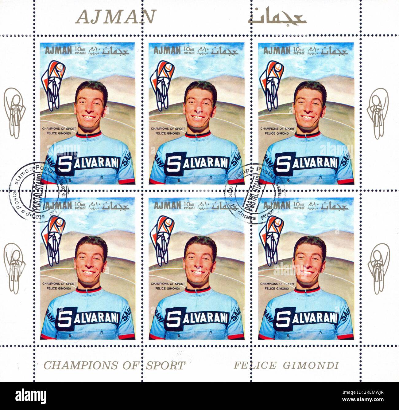 AJMAN - CIRCA 1969 : timbre imprimé par Ajman, montre Felice Gimondi, circa 1969 Banque D'Images