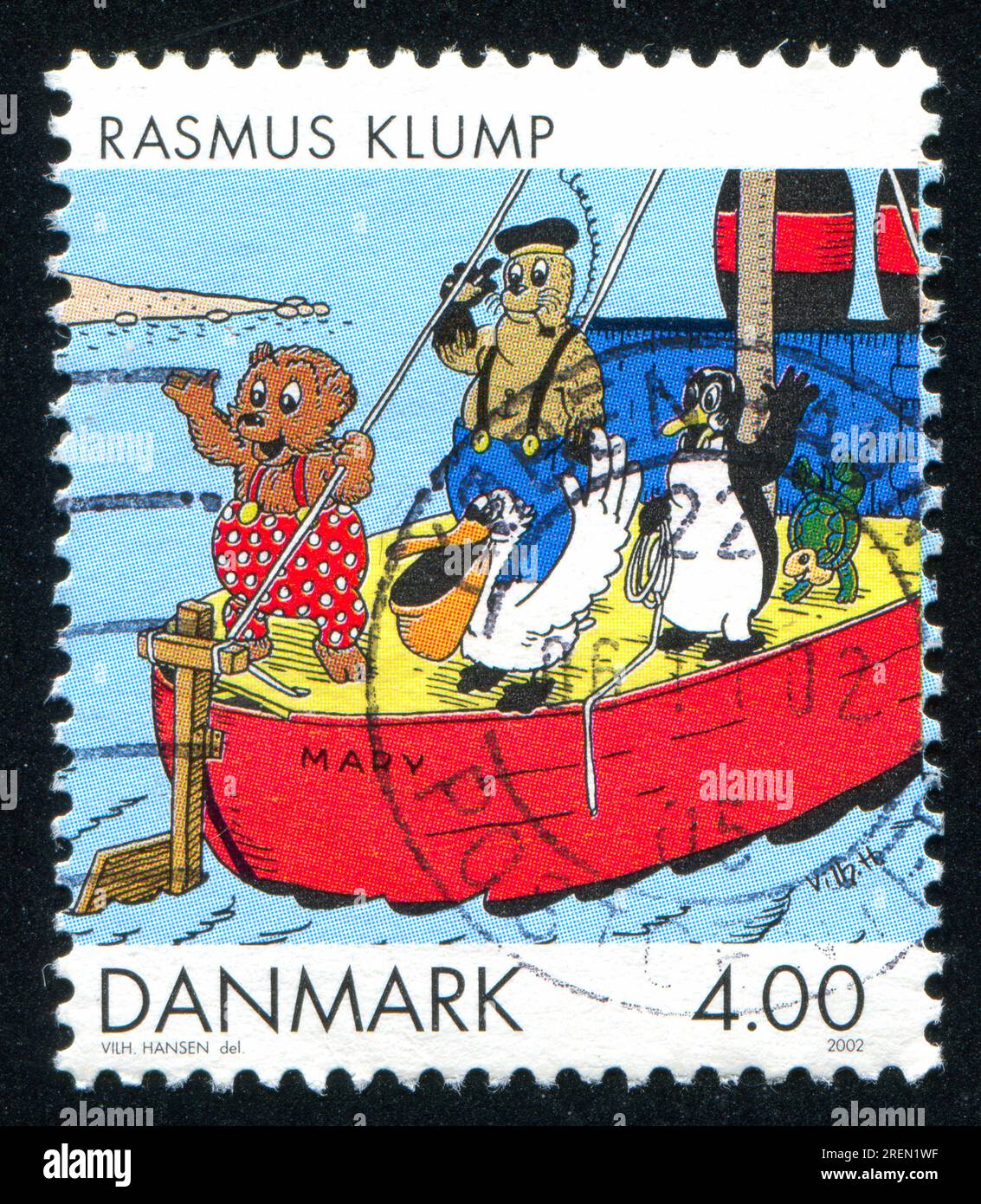 RUSSIE KALININGRAD, 3 JANVIER 2014 : timbre imprimé par le Danemark, montrant des bandes dessinées et des dessins animés, Rasmus Klump de Vilhelm Hansen, vers 2002 Banque D'Images