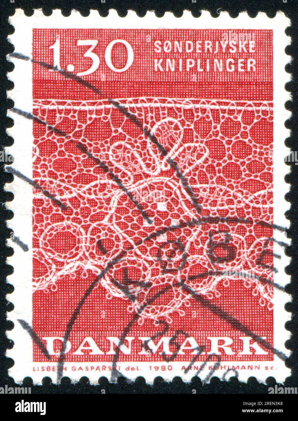 DANEMARK - CIRCA 1980 : timbre imprimé par le Danemark, montre des motifs de dentelle Tonder, circa 1980 Banque D'Images