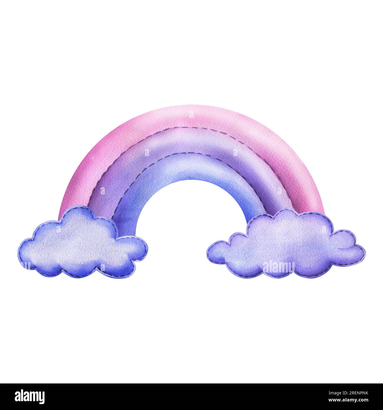 Un arc-en-ciel cousu avec des nuages en bleu, violet et rose jouet mobile. Illustration de l'aquarelle dessinée à la main mignonne enfantin. Composition isolée sur un blanc Banque D'Images