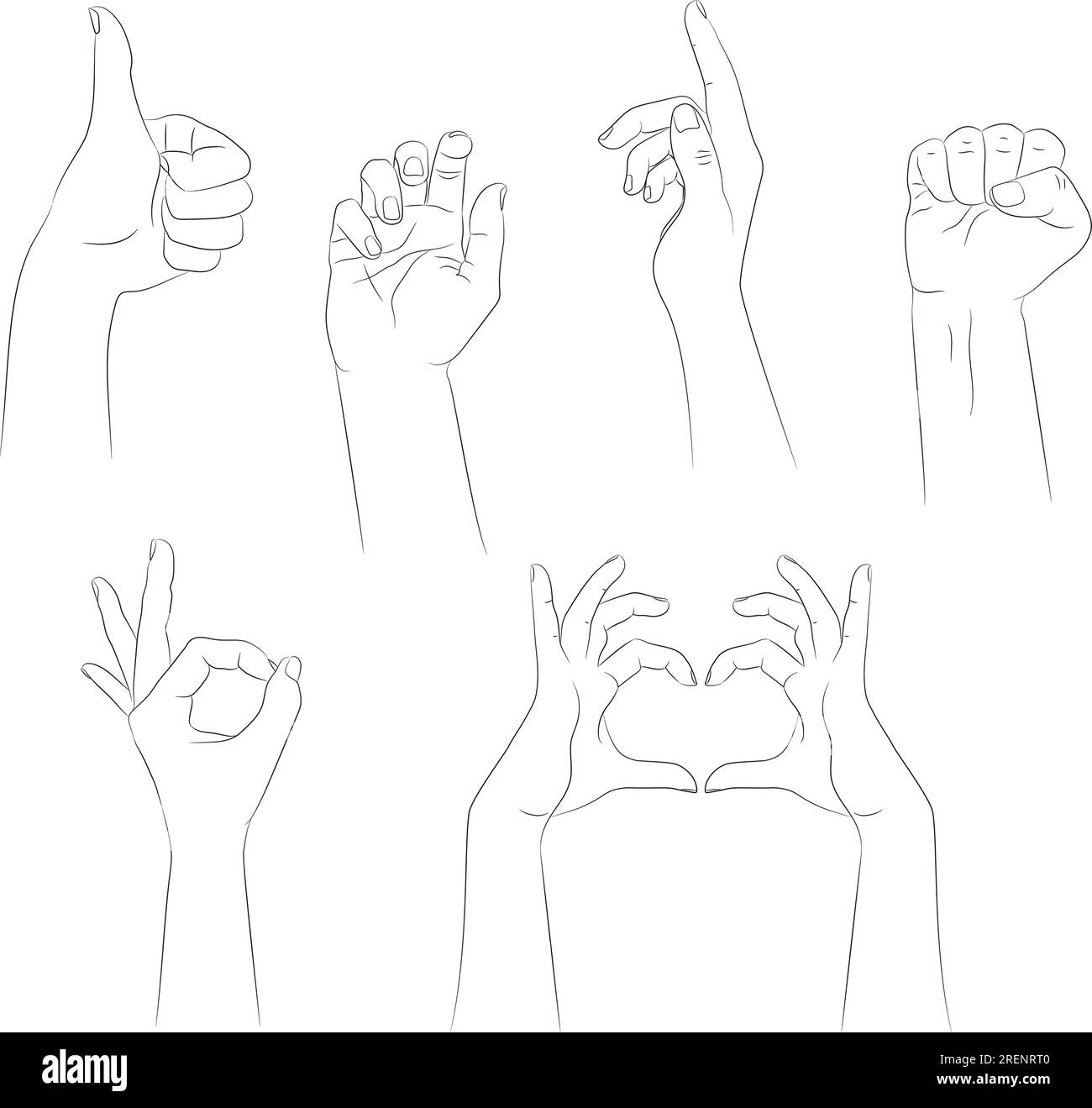 Ensemble de mains humaines dessinées à la main avec des gestes différents. Contour de main avec un contour vide isolé sur fond blanc. Illustration vectorielle Illustration de Vecteur