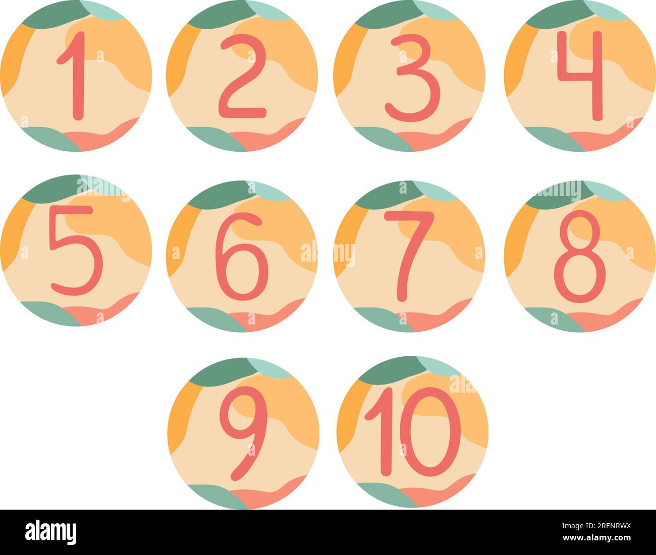 Numéros dessinés à la main de un à dix en cercles avec fond de forme abstraite. Illustration vectorielle Illustration de Vecteur