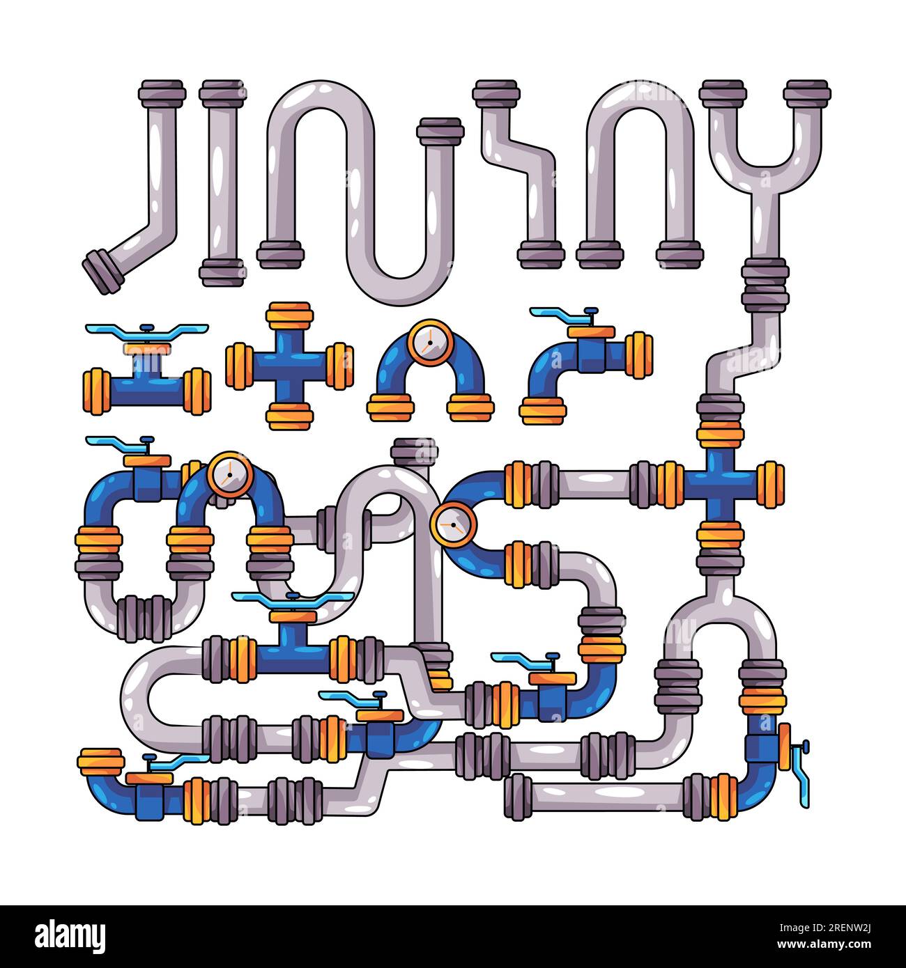 ingénierie de système de vanne industrielle d'égout de canalisation de forme de tube de couleur bleue et grise avec robinet et manomètre de mesure de la température Illustration de Vecteur