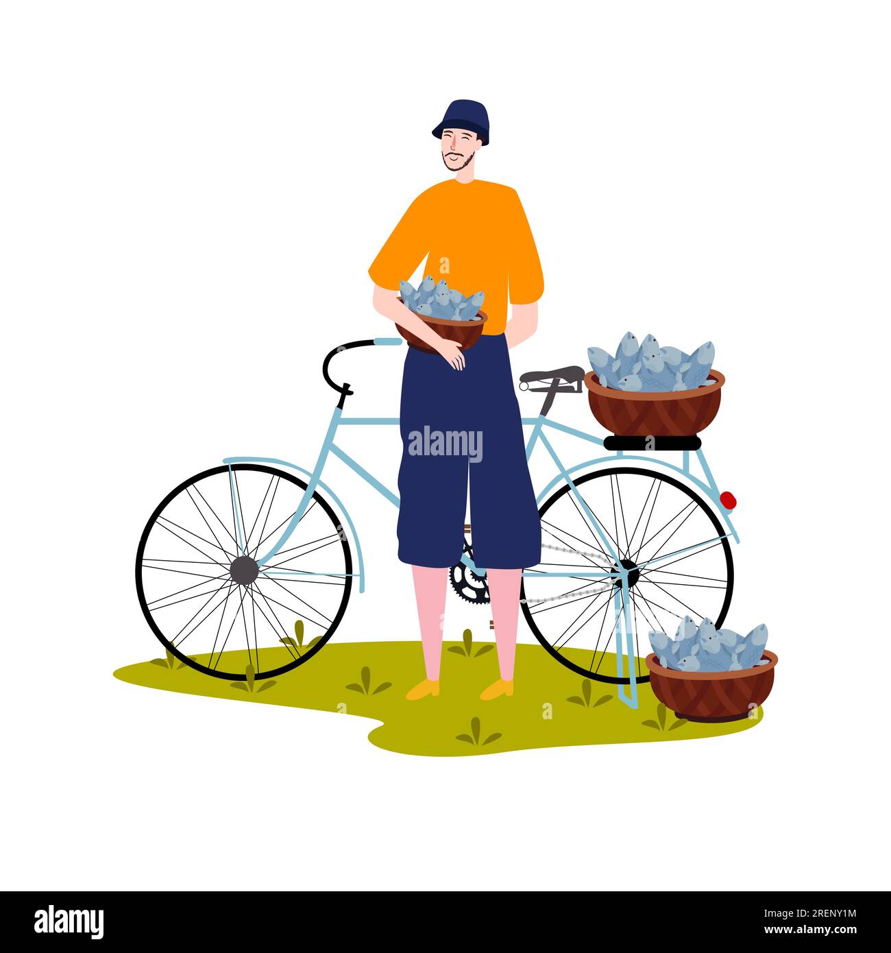 homme poissonnier travailleur offrant le marché des consommateurs commerciaux en plein air avec le transport de vélo Illustration de Vecteur
