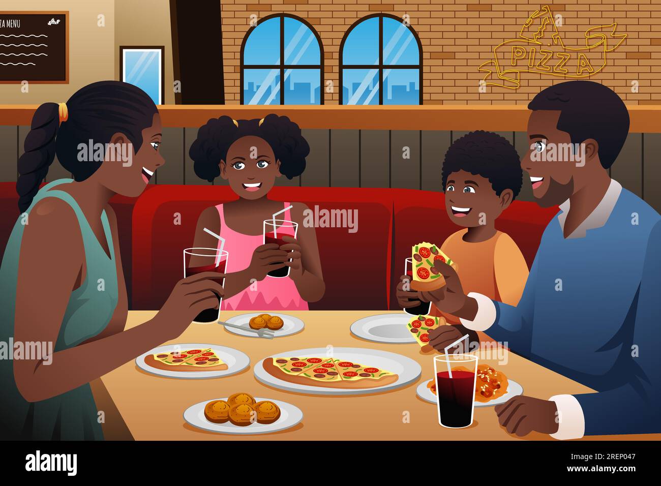 Une illustration vectorielle de famille afro-américaine manger Pizza dans un restaurant Illustration de Vecteur